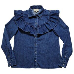 Sezane Denim Ruffle Blouse Top Long Sleeve Blue Romantic French Size 34 Western